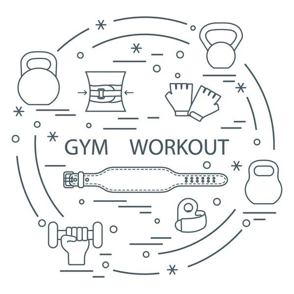 Elementos de entrenamiento de gimnasia Powerlifting dispuestos en círculo . — Vector de stock