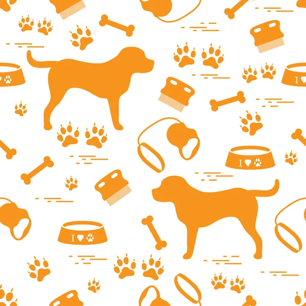 Lindo patrón sin costura con silueta de perro, tazón, rastros, hueso, b — Vector de stock