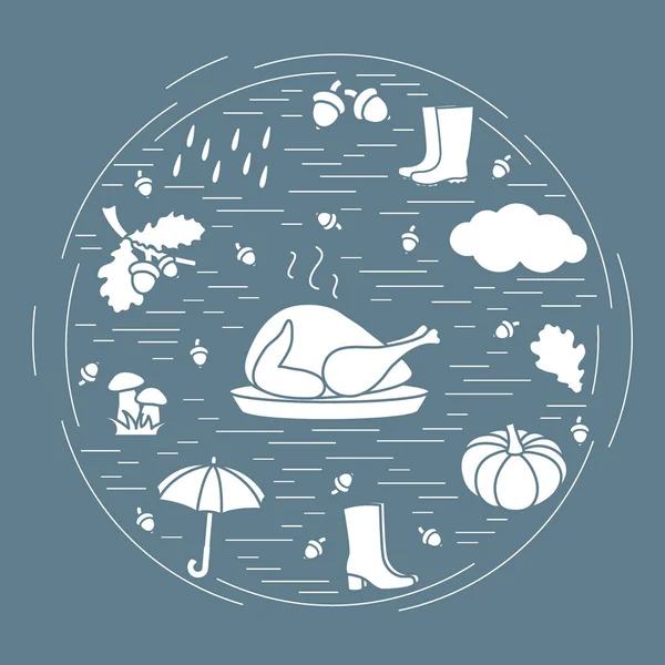 Sonbahar sembolleri bir dairede. Şemsiye, meşe palamutları, Türkiye, yağmur, pumpki