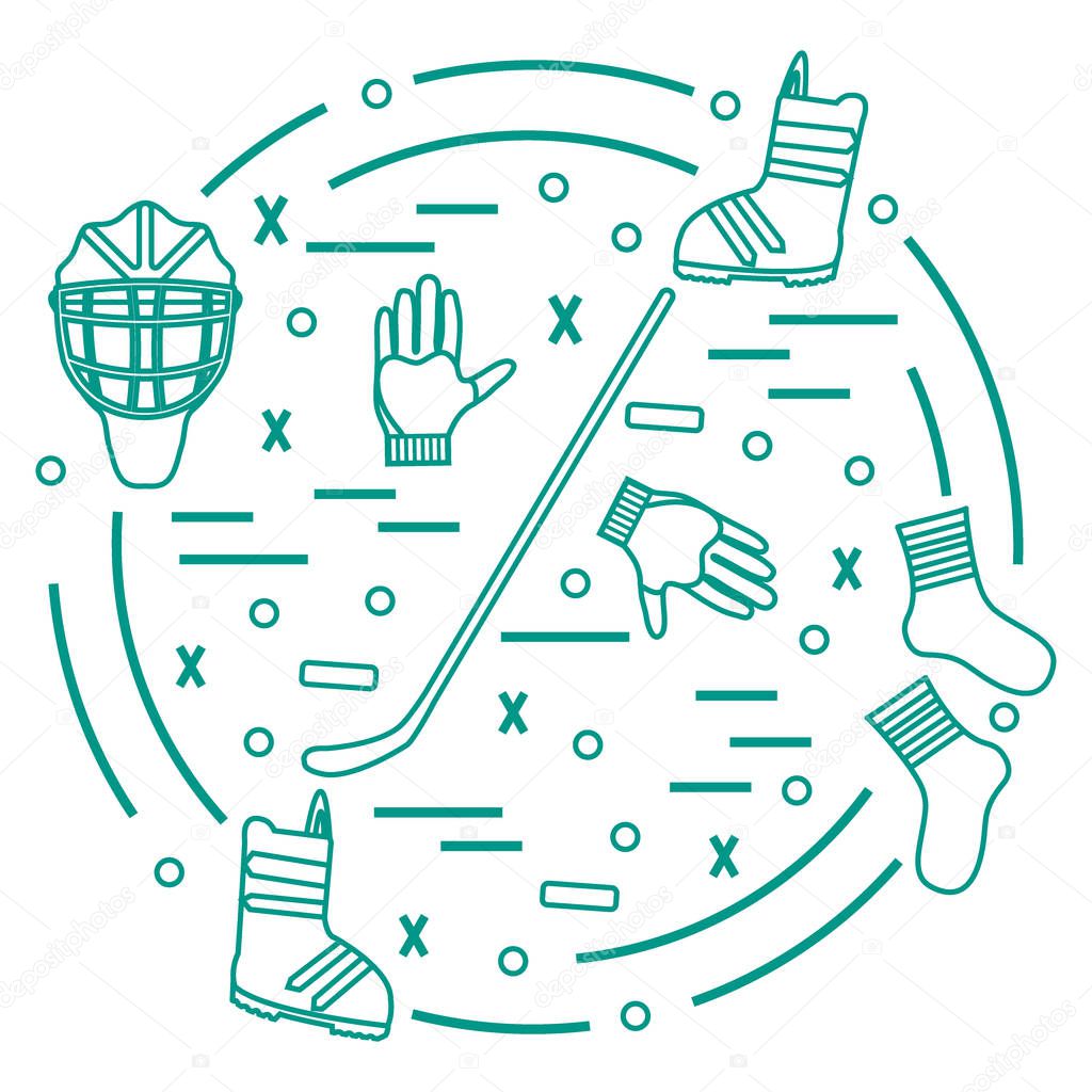 Vector illustration of various subjects for hockey and snowboarding arranged in a circle. Including icons of helmet, gloves, stick, puck, socks, snowboard boots. Winter elements made in line style.