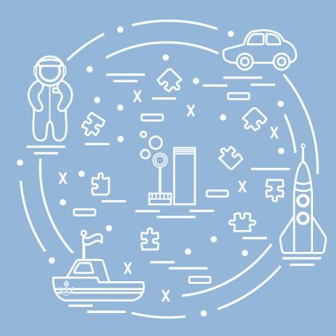 Vektör çizim çocuklar oyuncak nesneleri: astronot, roket, gemi, 