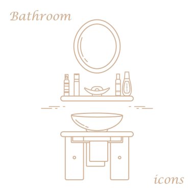 Çeşitli banyo elemanları ile sevimli vektör çizim: ayna,
