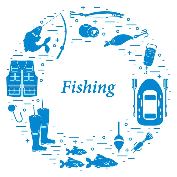 Différents outils de pêche disposés en cercle . — Image vectorielle