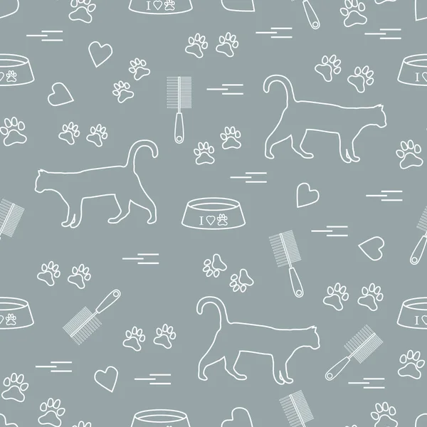 Bonito patrón de silueta caminando gato, rastros, corazones, tazón y — Vector de stock