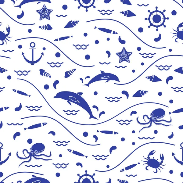 Niedliche nahtlose Muster mit Delphinen, Kraken, Fisch, Anker, Steuerstand — Stockvektor