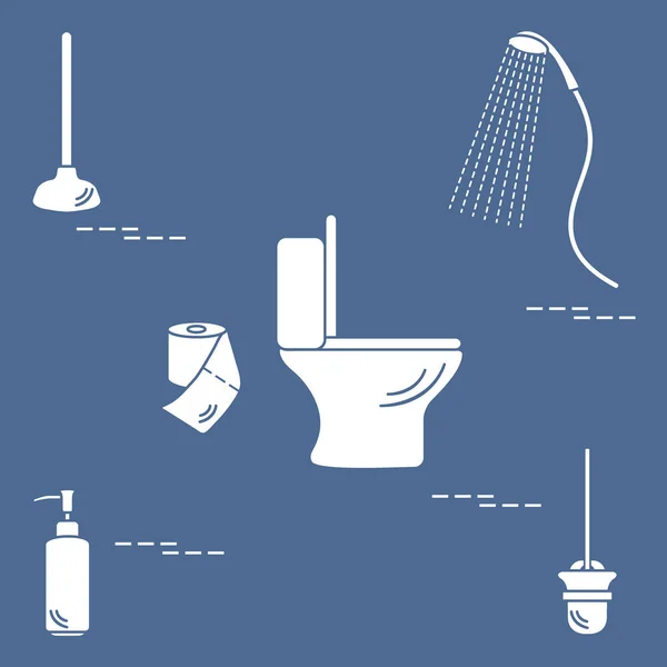 Vektorillustration mit Toilettenschüssel, Dusche, Toilettenpapier, Seife — Stockvektor