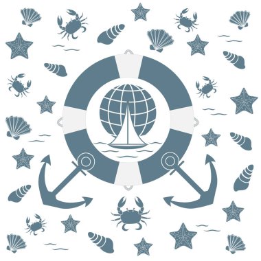 Deniz konulu güzel resim: can simidi, çapa, tekne, 