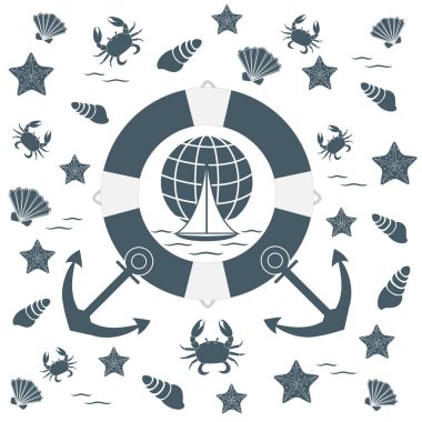 Deniz konulu güzel resim: can simidi, çapa, tekne, 