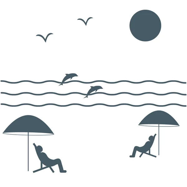 Bonita foto de vacaciones junto al mar: el sol, las gaviotas, los delfines , — Vector de stock