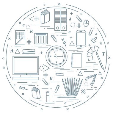 Herkesdaire oluşturacak şekilde düzenlenmiş farklı office nesneleri kümesi. Dahil olmak üzere 