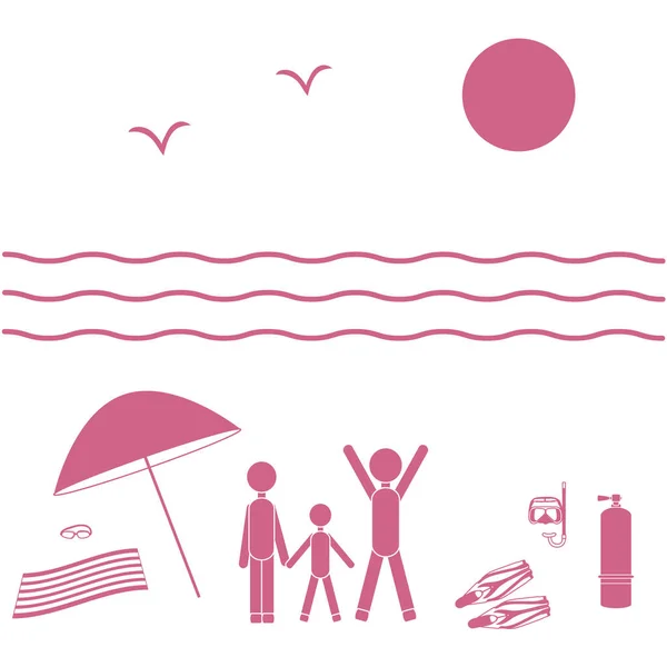 ภาพสวยของวันหยุดของครอบครัวริมทะเล: ดวงอาทิตย์, คลื่น, Seagu — ภาพเวกเตอร์สต็อก