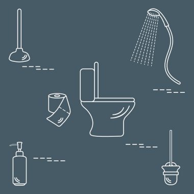 Vektör çizim klozet, duş, tuvalet kağıdı, sabun