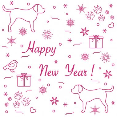 İki köpek, hediye kutuları, kuş, kalpleri sevimli vektör çizim, 