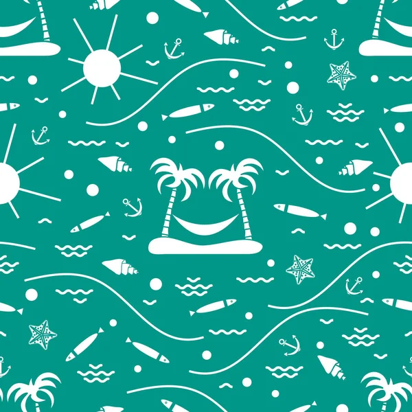 Cute seamless pattern with fish, island with palm trees and a ha — Stock Vector