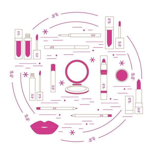 Illustration vectorielle de différents outils de maquillage des lèvres disposés dans un — Image vectorielle