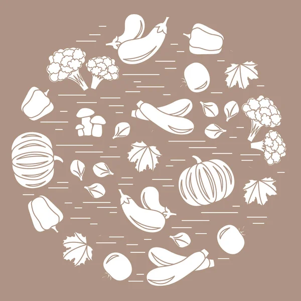 Daire içinde sonbahar mevsim sebzeleri kümesi. Domates, biber, zuc