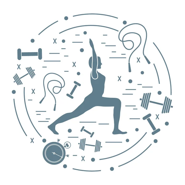Illustration von Frauen-Yoga-Posen und verschiedenen Sportgeräten. — Stockvektor