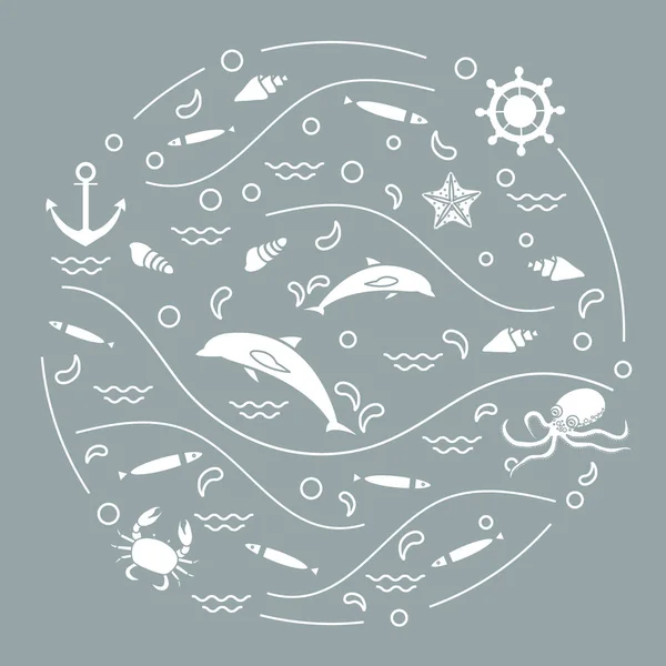 Ilustração vetorial bonito com golfinhos, polvo, peixe, âncora, h —  Vetores de Stock