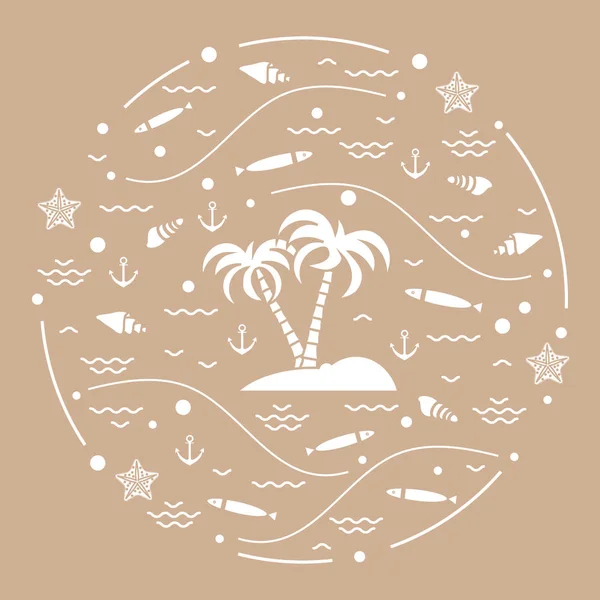 Ilustração vetorial bonito com peixes, ilha com palmeiras, anch —  Vetores de Stock