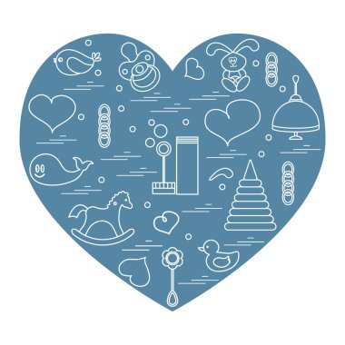 Vektör çizim çocuklar bir kalp düzenlenmiş elemanları: kuş, ne