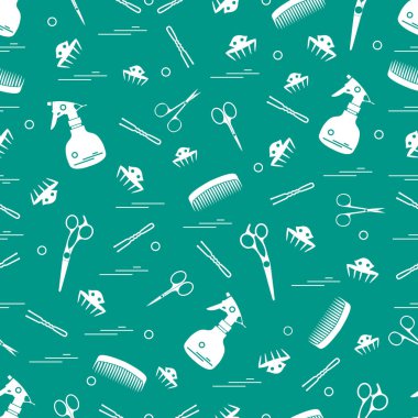 Makas, taraklar, hairclip, tokalar ve püskürtücü şirin desen.