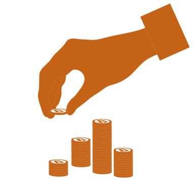 Bitcoin bitcoins bir yığın içinde koyar el.