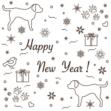 İki köpek, hediye kutuları, kuş, kalpleri sevimli vektör çizim, 