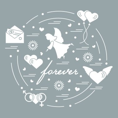 Sevimli vektör çizim farklı aşk sembolleri ile: Kalpler, ai