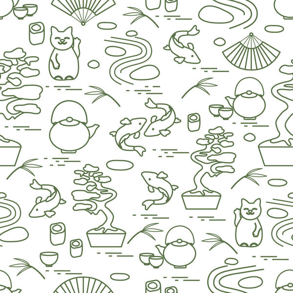 Cute vector pattern with bonsai tree, minimal rock garden, japan
