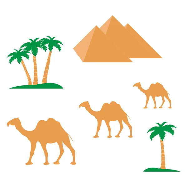 Красивая картинка, демонстрирующая любовь к путешествиям: пирамиды, пальмы, верблюд — стоковый вектор