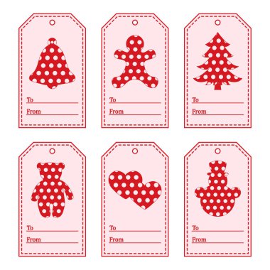 Hediye etiketleri ile yeni yıl ve Noel simgeler polka noktalı bir