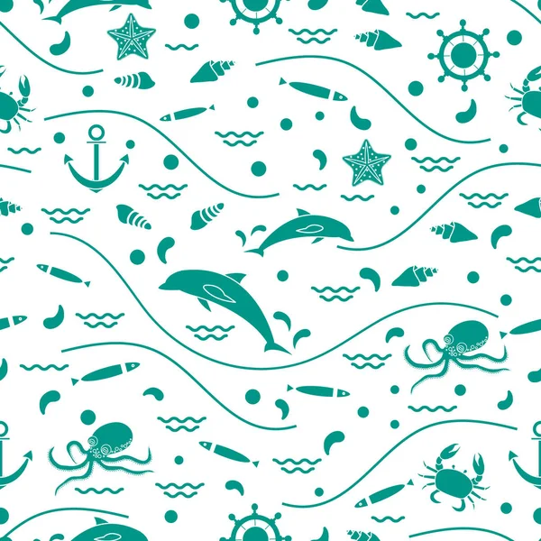 Modèle mignon sans couture avec dauphins, pieuvre, poisson, ancre, barre — Image vectorielle