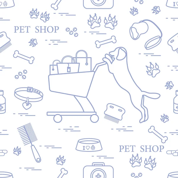 Patrón sin costura: perro, tazón, carrito de compras con bolsas de regalo, rastro — Vector de stock