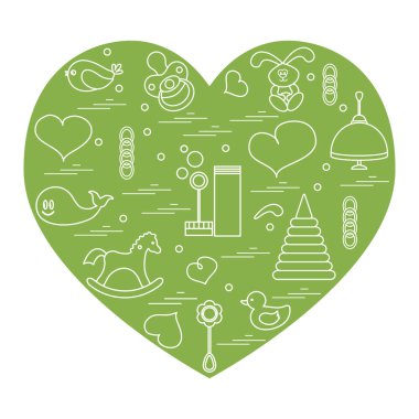 Vektör çizim çocuklar bir kalp düzenlenmiş elemanları: kuş, ne