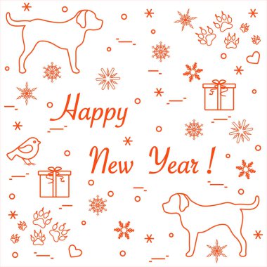 İki köpek, hediye kutuları, kuş, kalpleri sevimli vektör çizim, 