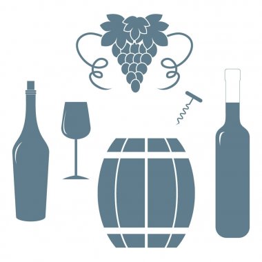 Stilize simgesi bir renkli şişe cam, tirbuşon, varil 