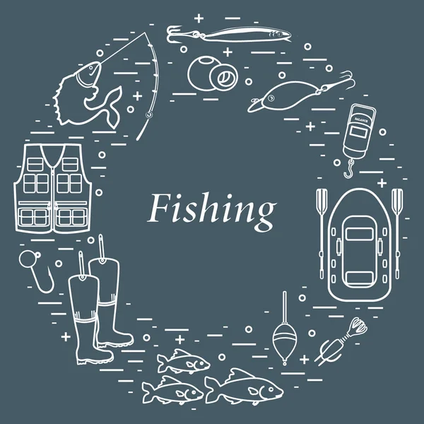 Different tools for fishing arranged in a circle. — Stock Vector