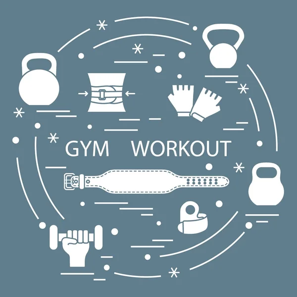 Powerlifting gym workout elements arranged in a circle. — Stock Vector