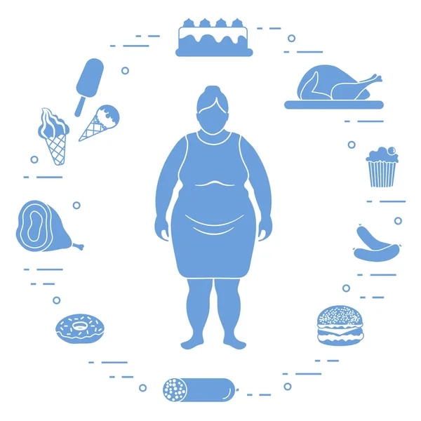 与不健康的生活方式符号围绕她的胖女人。有害电子 — 图库矢量图片