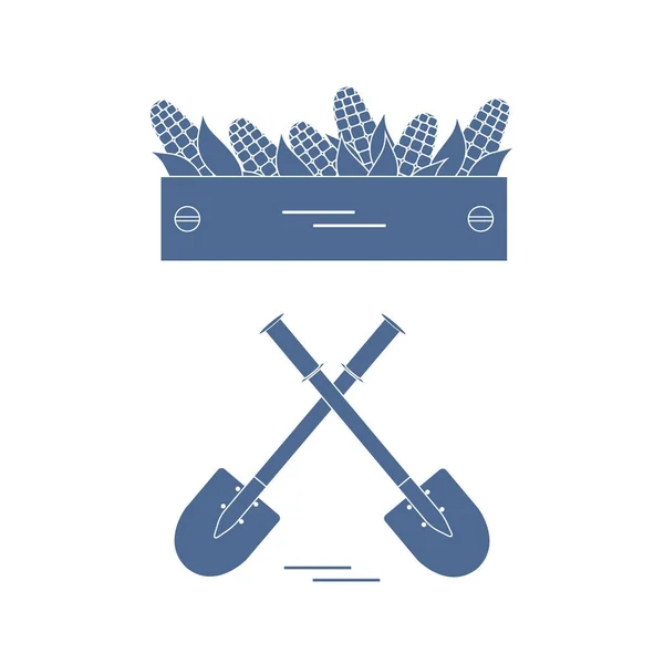 Cute vector illustration of harvest: two shovels and box of corn — Stock Vector