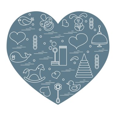 Vektör çizim çocuklar bir kalp düzenlenmiş elemanları: kuş, ne