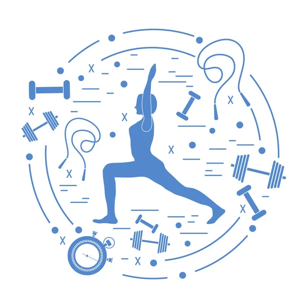 Illustratie van de vrouw yoga houding en andere sportartikelen. — Stockvector