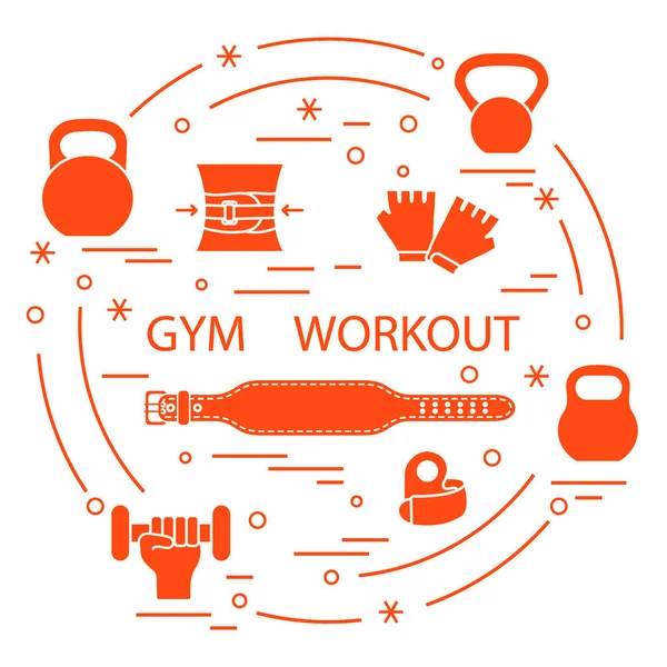 Powerlifting gym workout elements arranged in a circle. — Stock Vector