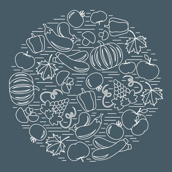 Uppsättning av höstens säsongens frukter och grönsaker i cirkel. — Stock vektor