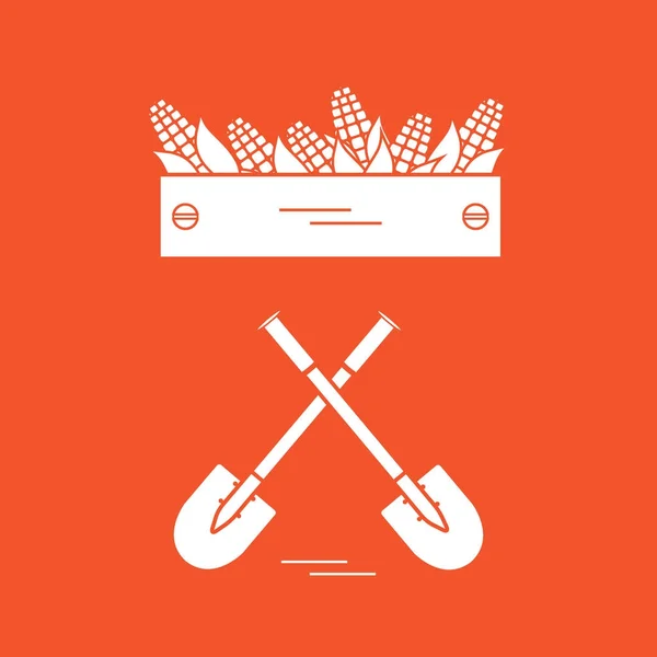 Lindo vector ilustración de la cosecha: dos palas y caja de maíz — Vector de stock