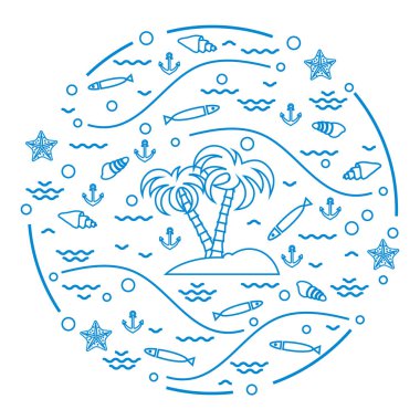 Balık, palmiye ağaçları, anch ile ada ile sevimli vektör çizim