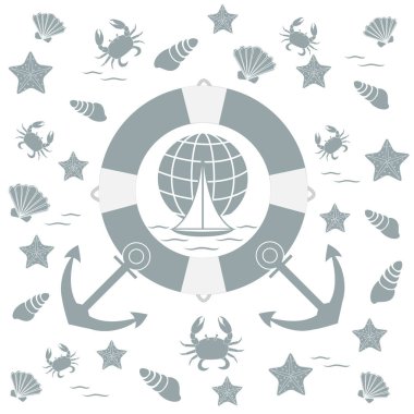 Deniz konulu güzel resim: can simidi, çapa, tekne, 