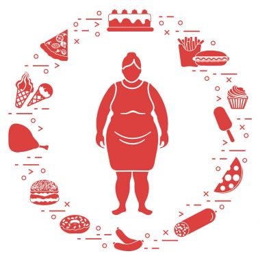 Şişman kadın onun etrafında sağlıksız yaşam tarzı sembollerle. Zararlı e