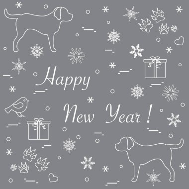 İki köpek, hediye kutuları, kuş, kalpleri sevimli vektör çizim, 