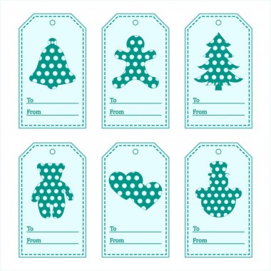 Hediye etiketleri ile yeni yıl ve Noel simgeler polka noktalı bir